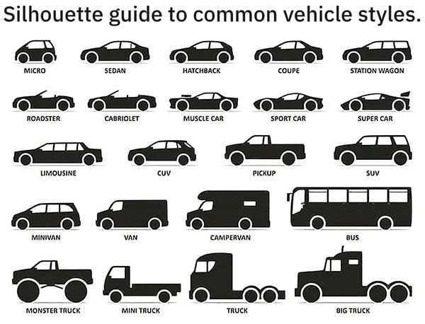 car silhouettes with different types and sizes in black on a white background stock photo, royalty