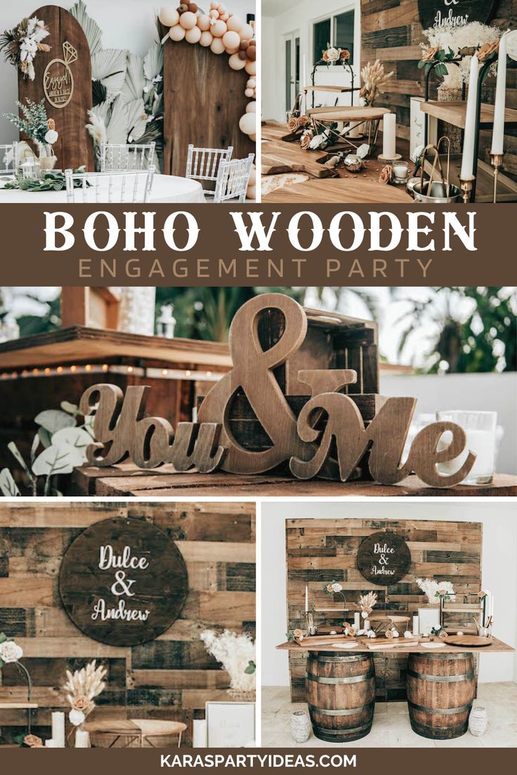 an image of wedding decorations and signage for the reception area at boho wooden's engagement party