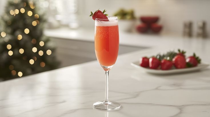 a glass filled with liquid sitting on top of a counter next to a christmas tree