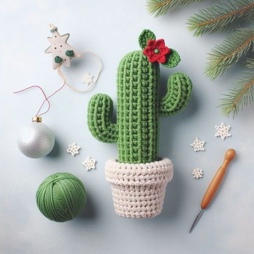 a crocheted cactus sitting on top of a table next to balls of yarn