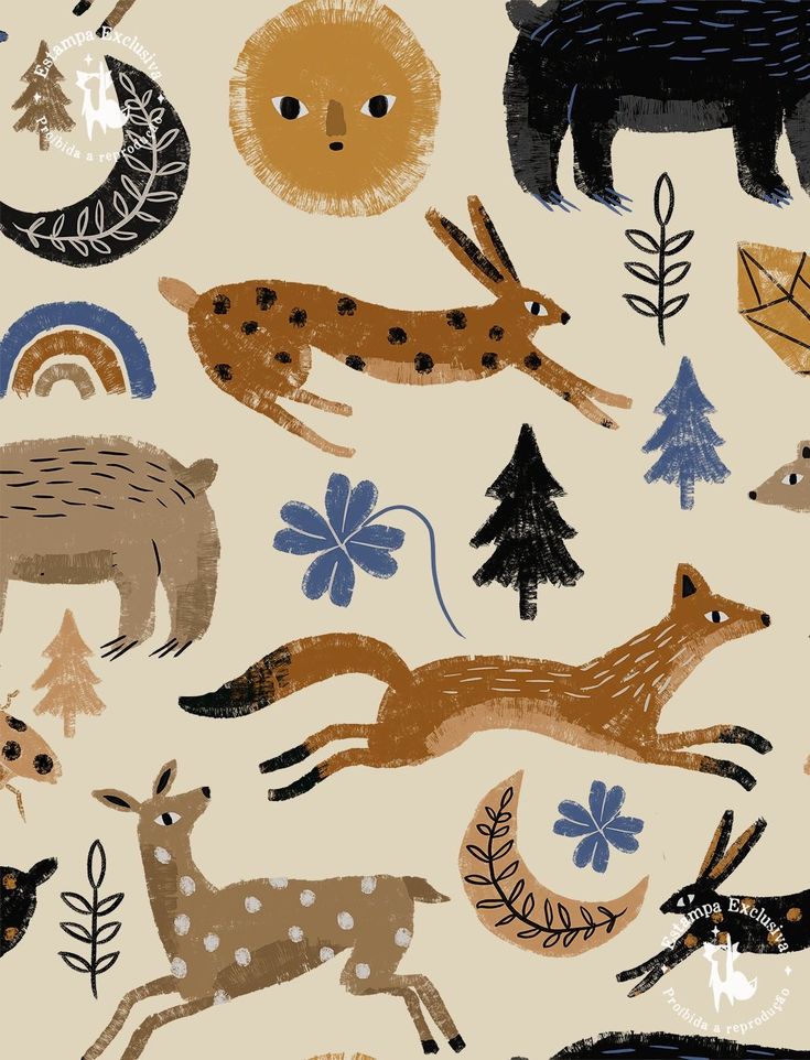 an animal themed wallpaper with animals and trees