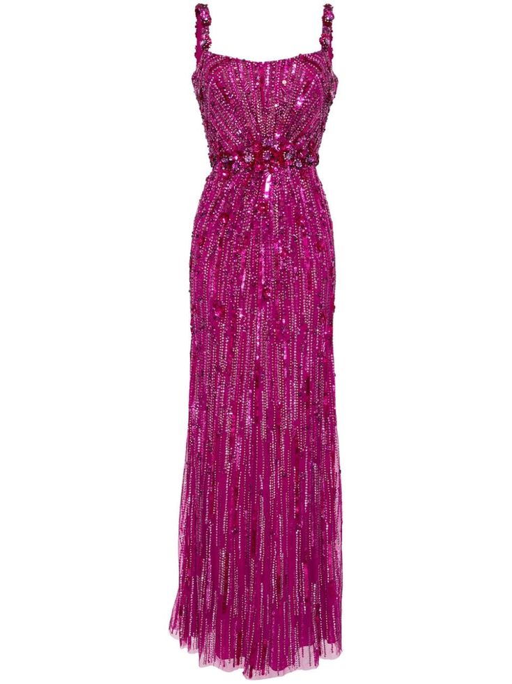 magenta sequin embellishment crystal embellishment sweetheart neck sleeveless rear zip fastening floor-length Pink Soiree Dresses, Sequin Pink Dress, Festive Pink Hand Embellished Gown, Magenta Gown, Magenta Outfit, Magenta Prom Dress, Glamorous Pink Sequin Maxi Dress, Luxury Pink Hand-embellished Gown, Jenny Packham Pink Gown