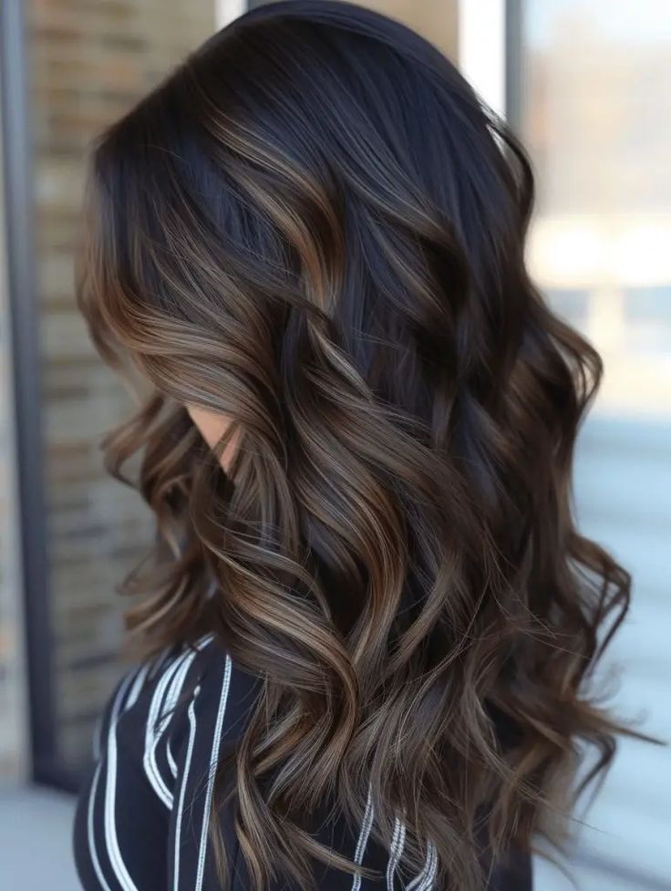 33 Stunning Hair Color Ideas for Spring 2024 Black With Balayage, Fall Dark Hair Color With Highlights, Medium Brown Highlights On Dark Hair, Dark Hair With Peekaboo Highlights, Dark Dimensional Hair Brunettes, French Braid Your Own Hair, New Hair Color Ideas, Mommy Hair, Medium Brunette Hair