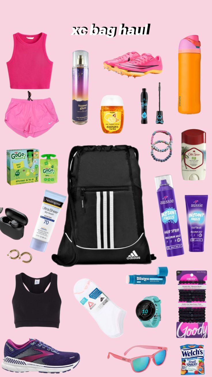 the contents of a backpack are arranged on a pink background