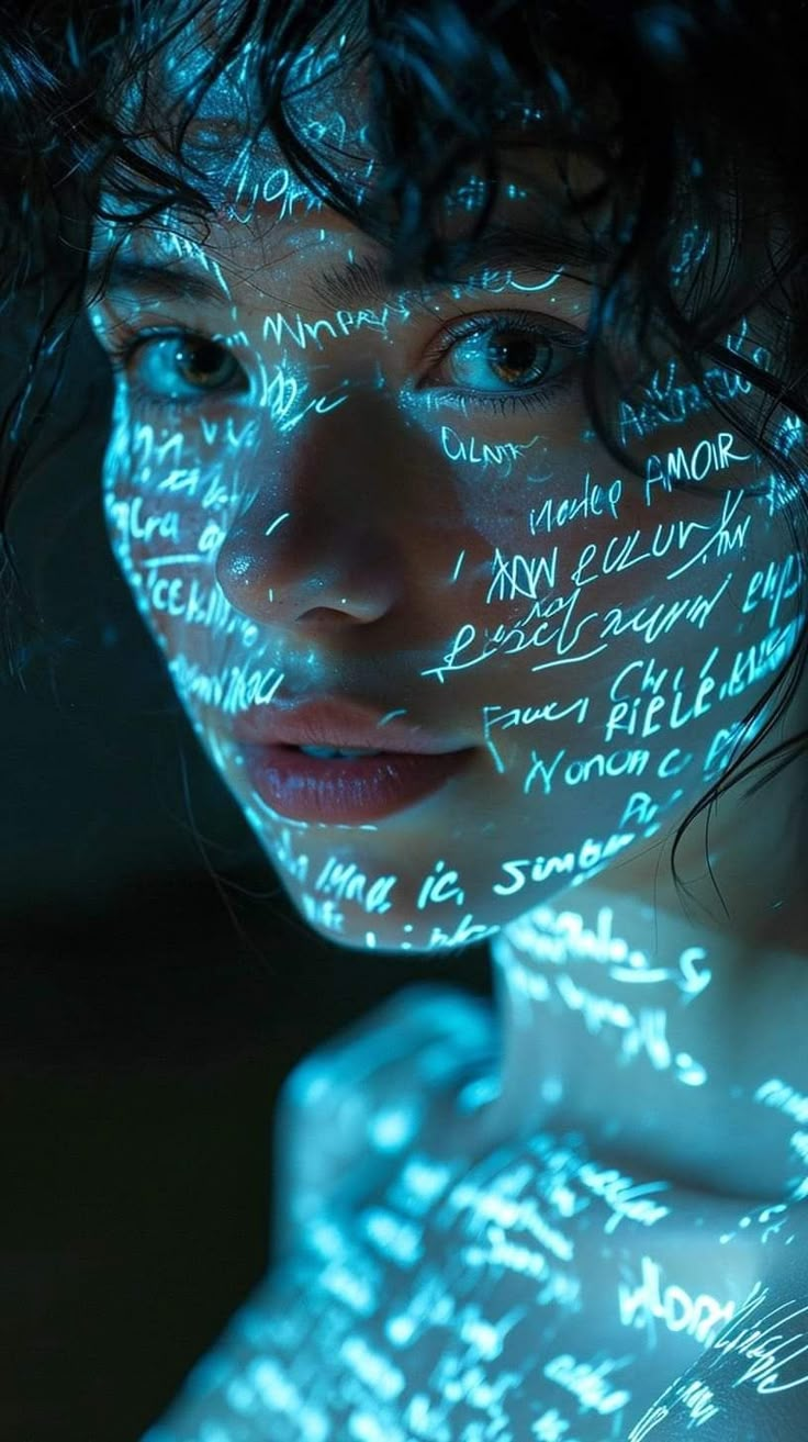 a woman's face is covered in blue light with words written all over it