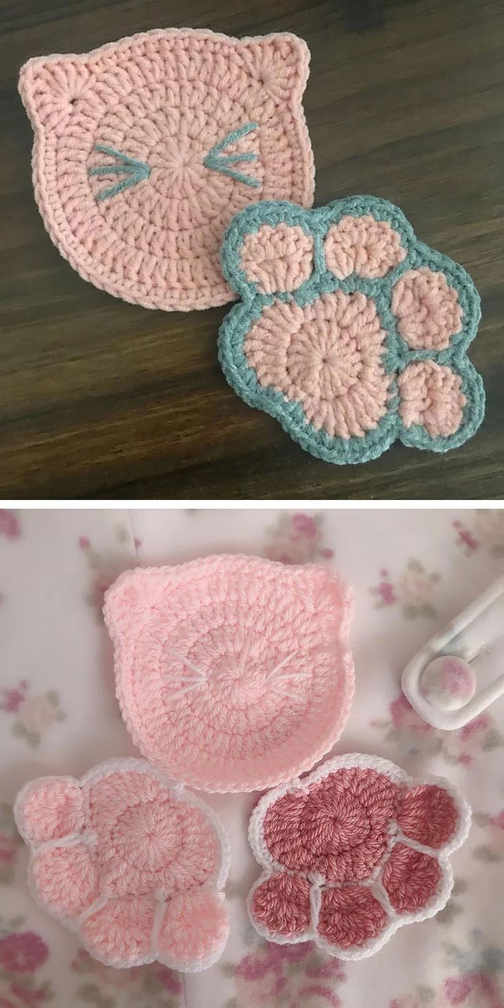 crocheted dishcloths and kitchen utensils laid out on a table