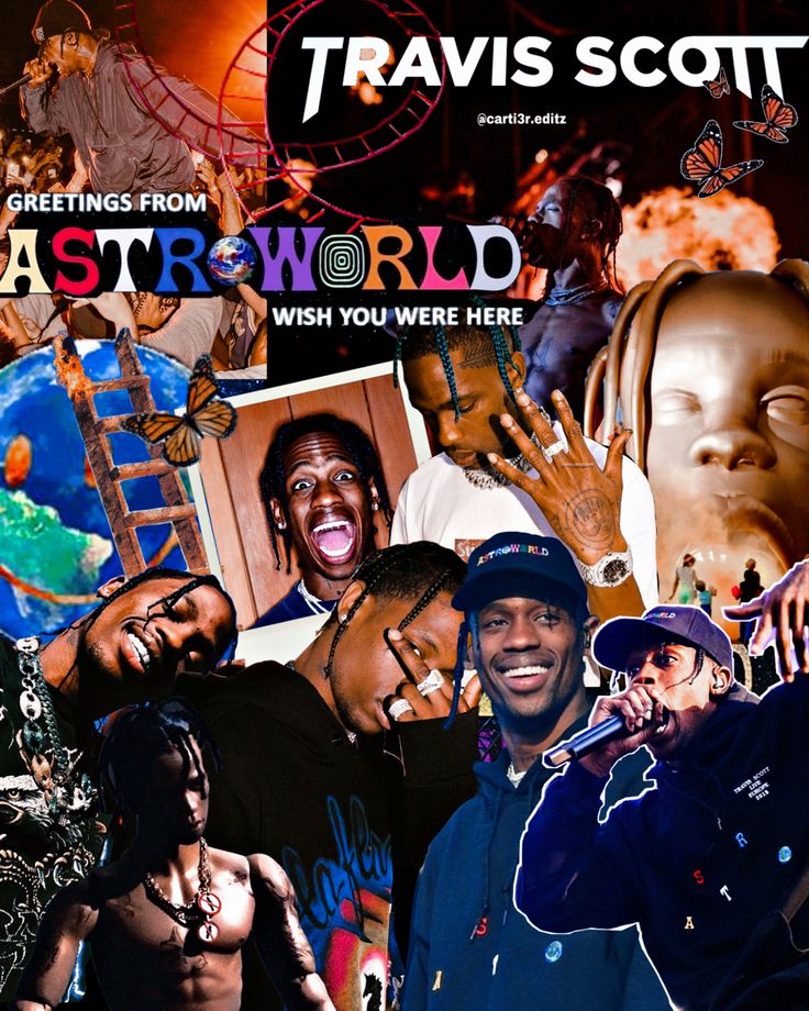 a collage of photos with the caption travis scott from astroworld wish you were here