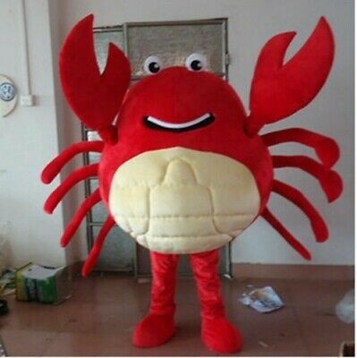 a large red crab mascot standing in the middle of a room