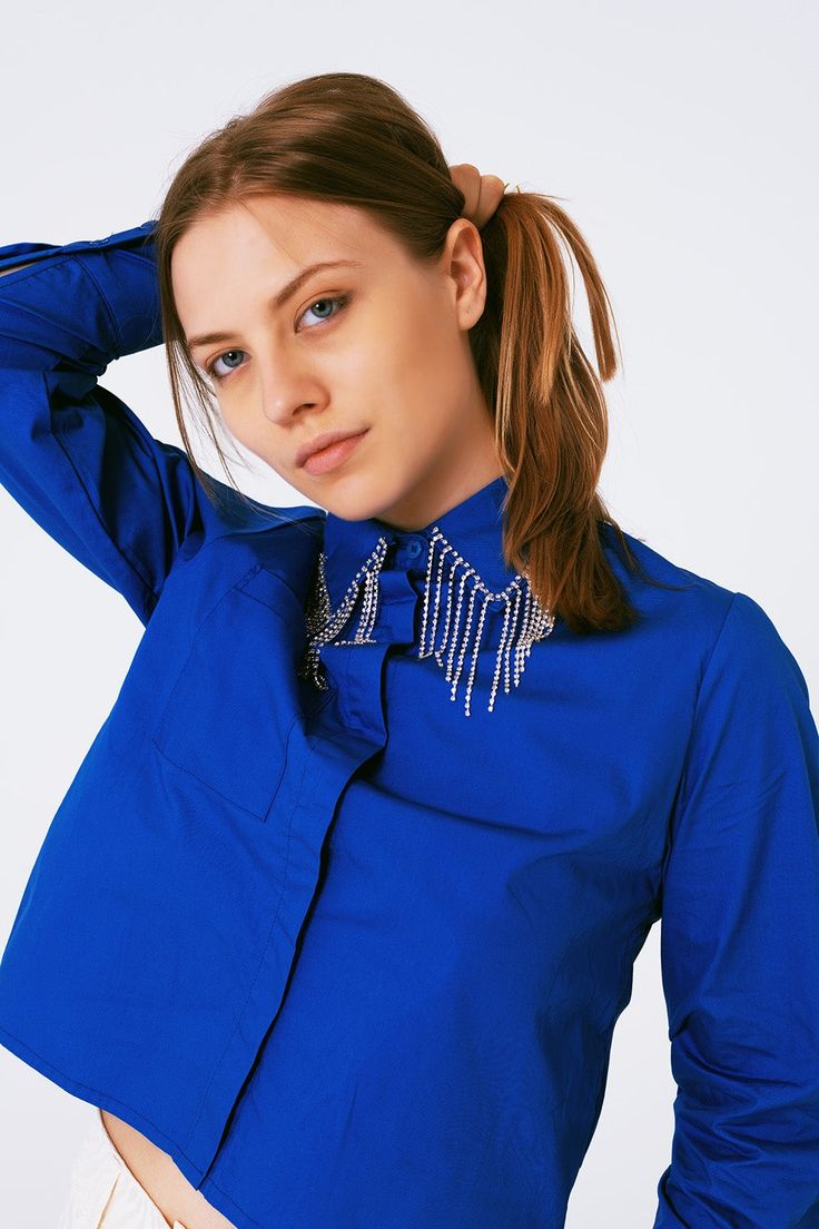 Q2 Shirt With Fringe strass Collar in blue Blue Long Sleeve Party Shirt, Long Sleeve Shirt With Rhinestones For Party, Long Sleeve Party Shirt With Rhinestones, Long Sleeve Rhinestone Party Shirt, Trendy Blue Party Blouse, Party Look, Trendy Shirts, Party Looks, Polo Collar