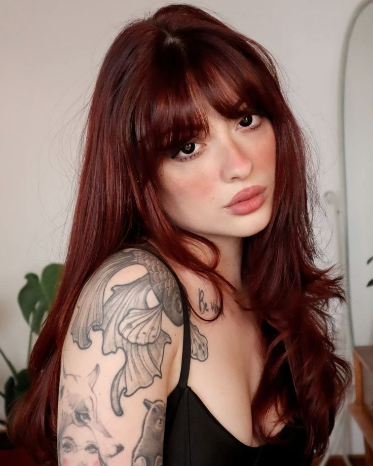 Goth Auburn Hair, Ginger Goth Aesthetic, Auburn Long Bob, Dark Copper Hair With Money Piece, Red Hair Over Brown, Red Hair Cool Skin Tone, Long Red Hair Aesthetic, Fun Red Hair, Auburn Hair With Bangs