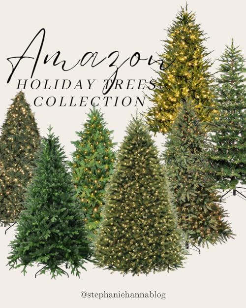 christmas trees are arranged in different colors and sizes, with the words amazon holiday trees collection above them