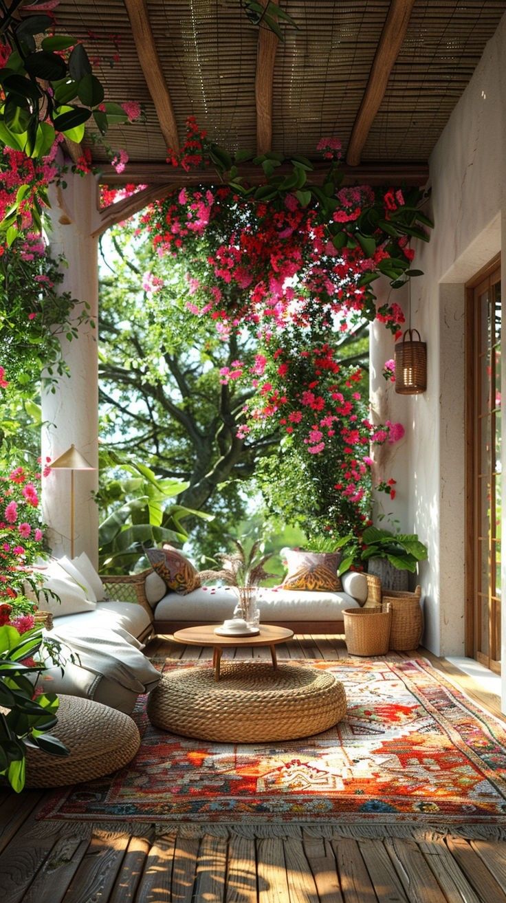 an outdoor living room with flowers on the ceiling