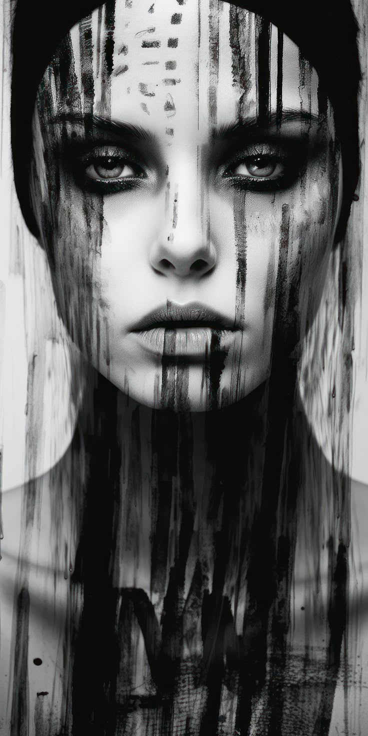 a woman's face is covered in black and white paint, with the words on it