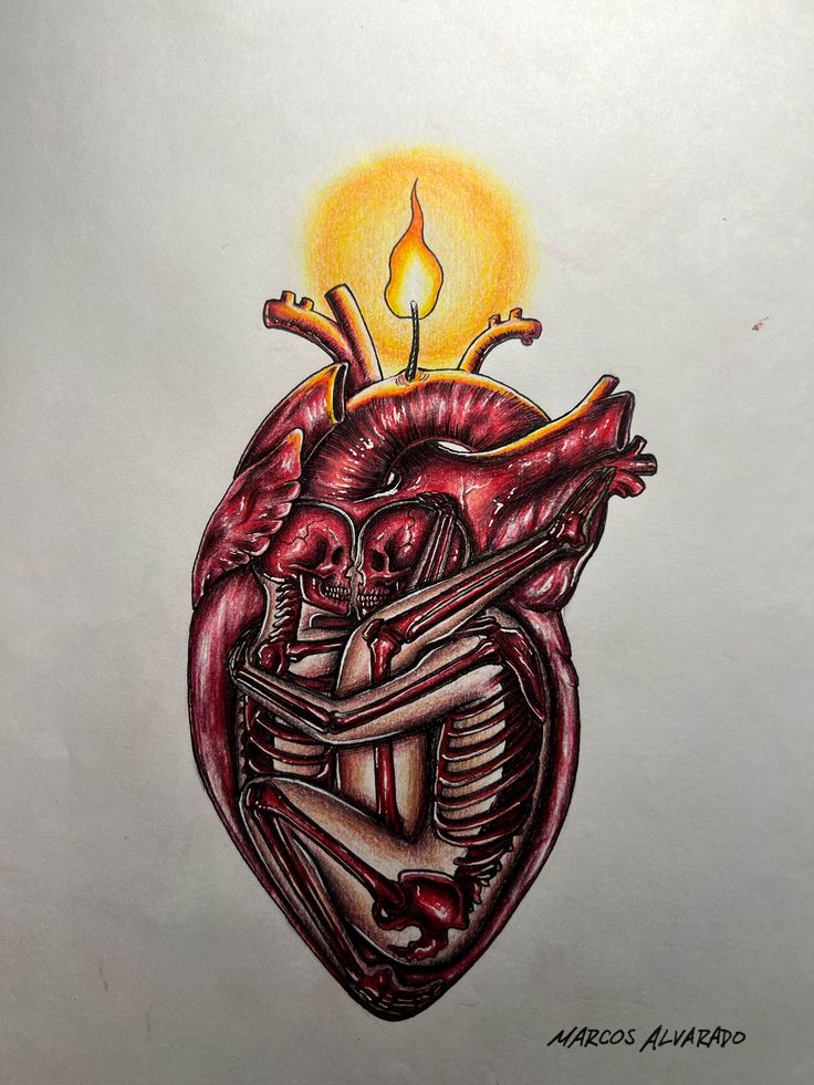 a drawing of a human heart with a candle in it