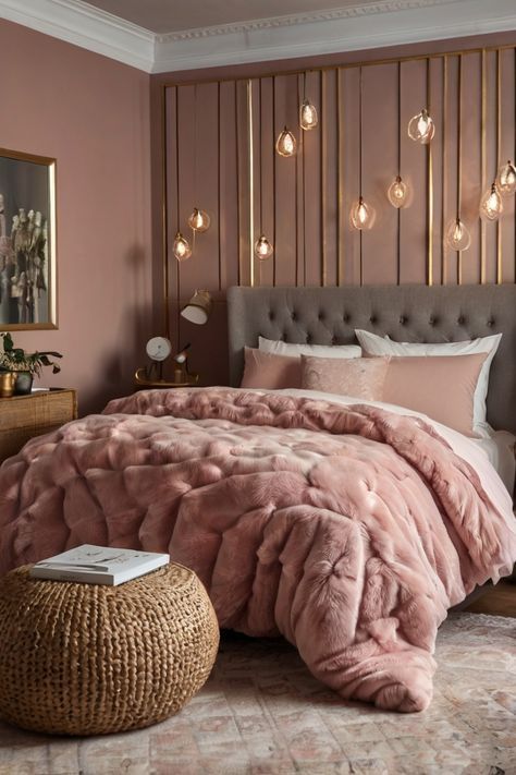 a bed with pink comforter and pillows in a room that has gold accents on the walls