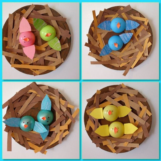 four pictures of birds in a nest made out of construction paper and colored clay eggs