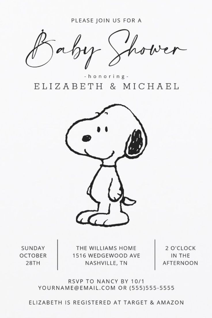 Peanuts Snoopy - Baby Shower Invitation
Invite all your family and friends to your Baby Shower with these cute Peanuts invitations featuring Snoopy! Personalize by adding all your party details! Piñata Gender Reveal, Snoopy First Birthday Party, Snoopy Baby, Snoopy Themed Baby Shower Ideas, Peanuts Baby Shower Ideas, Snoopy Party Ideas, Snoopy Baby Shower Cake, Snoopy Baby Shower Ideas, Snoopy Baby Shower Decorations