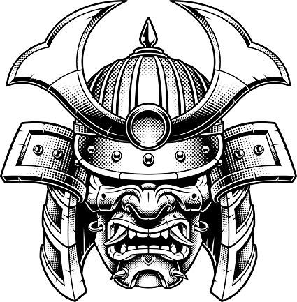 a japanese warrior mask with an open mouth and large horns on his head, black and white drawing