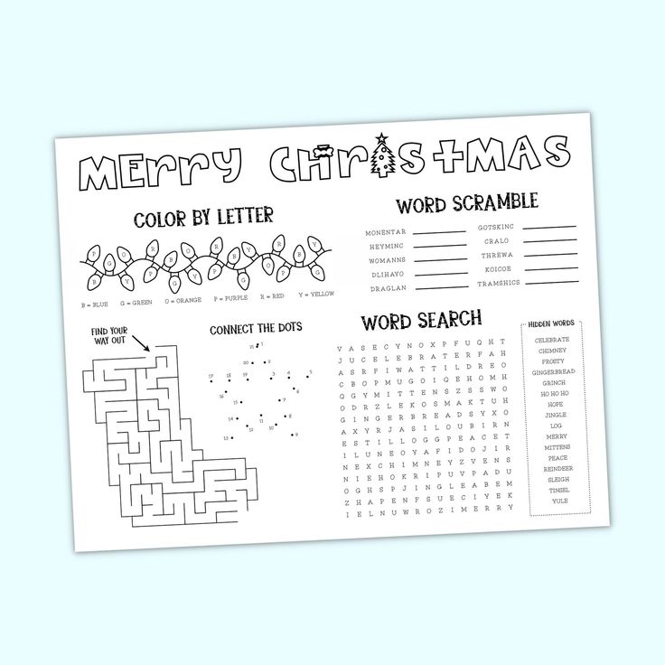 a christmas activity sheet with the word search on it and an image of a crossword puzzle