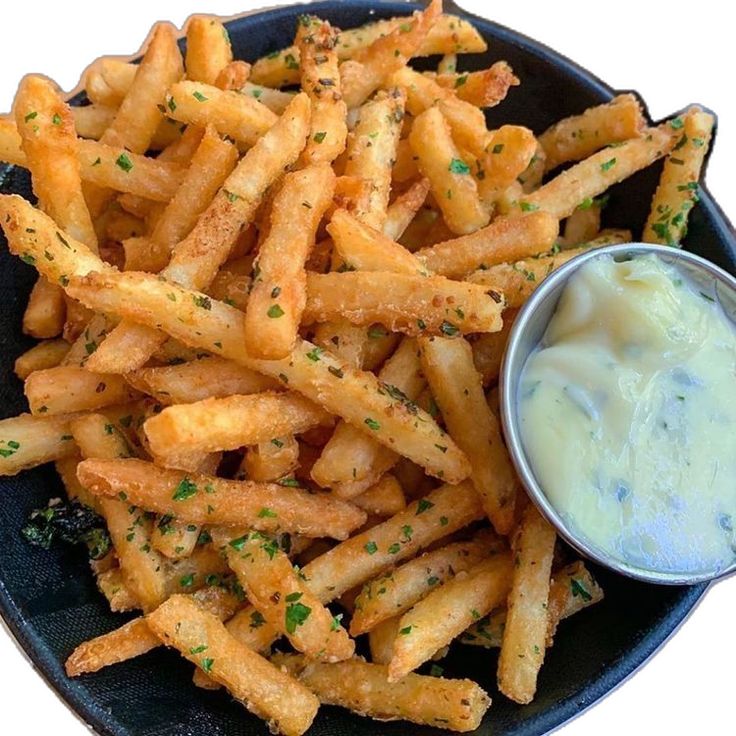 french fries on a plate with a dip in the middle and some sauce to the side