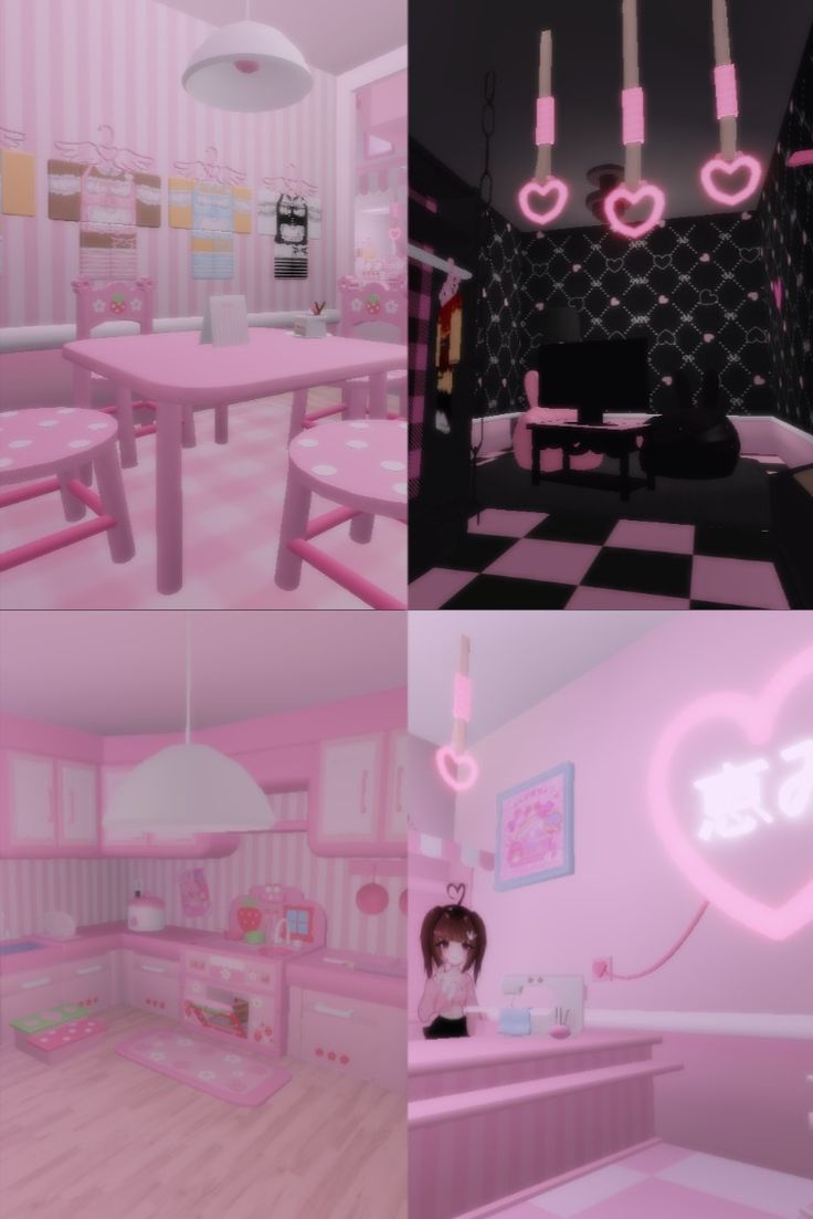 three different views of a room with pink walls and furniture, including a table in the shape of a heart