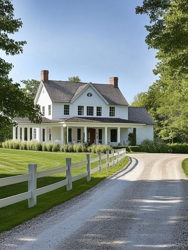 a large white house sitting on top of a lush green field next to a road