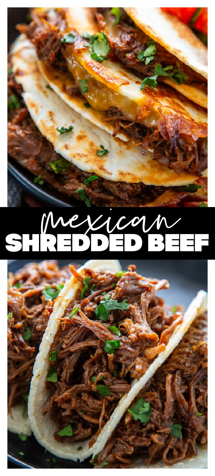 mexican shredded beef tacos with cheese and cilantro