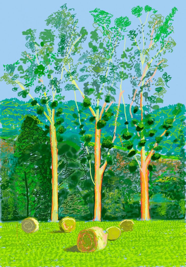 digital painting of trees and hay in grassy area