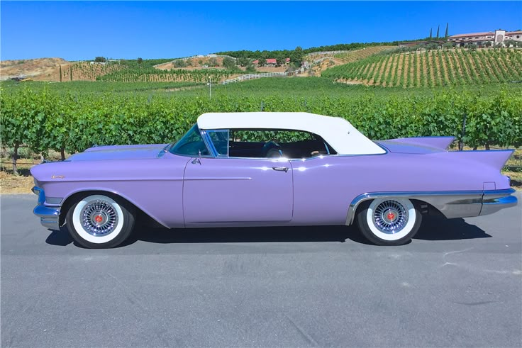 an old purple car parked in front of a vineyard