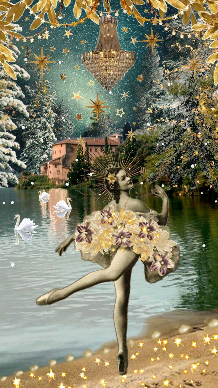 a painting of a ballerina dancing on the beach in front of a lake with swans