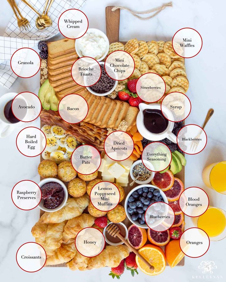 a large platter filled with different types of food and drinks on top of a white table