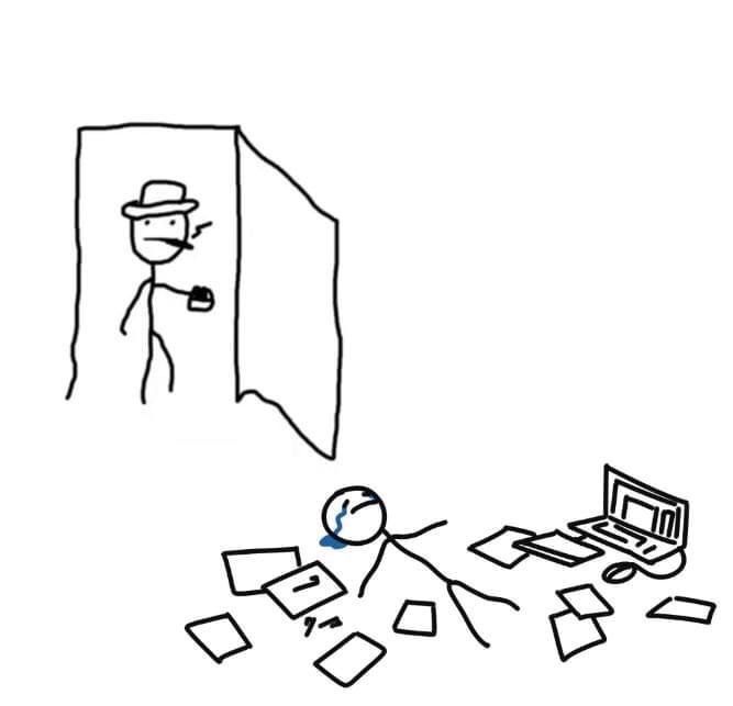 a drawing of a man in front of a mirror with papers scattered around him and an open laptop on the floor