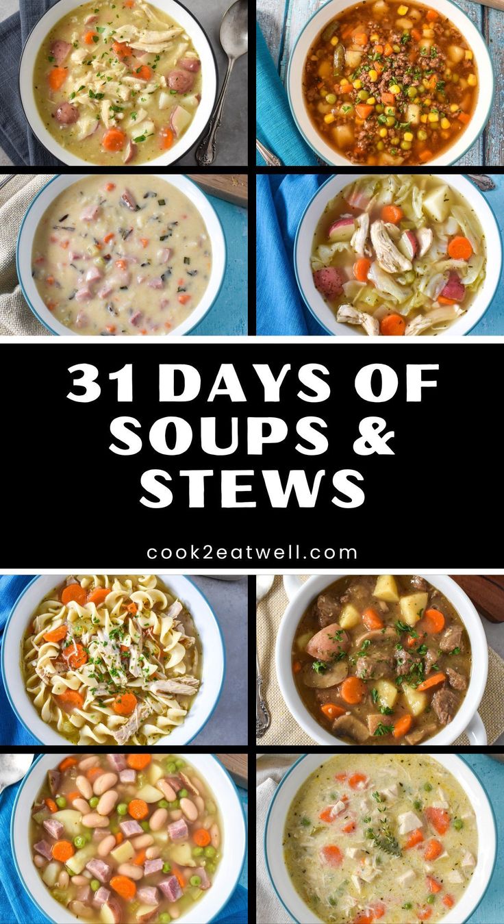 the steps to make soups and stews are shown in this collage with different pictures