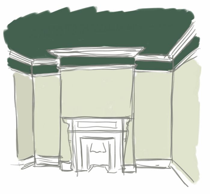 a drawing of an empty room with a fireplace