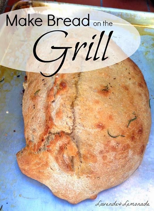 a loaf of bread sitting on top of a metal pan with the words make bread on the grill above it