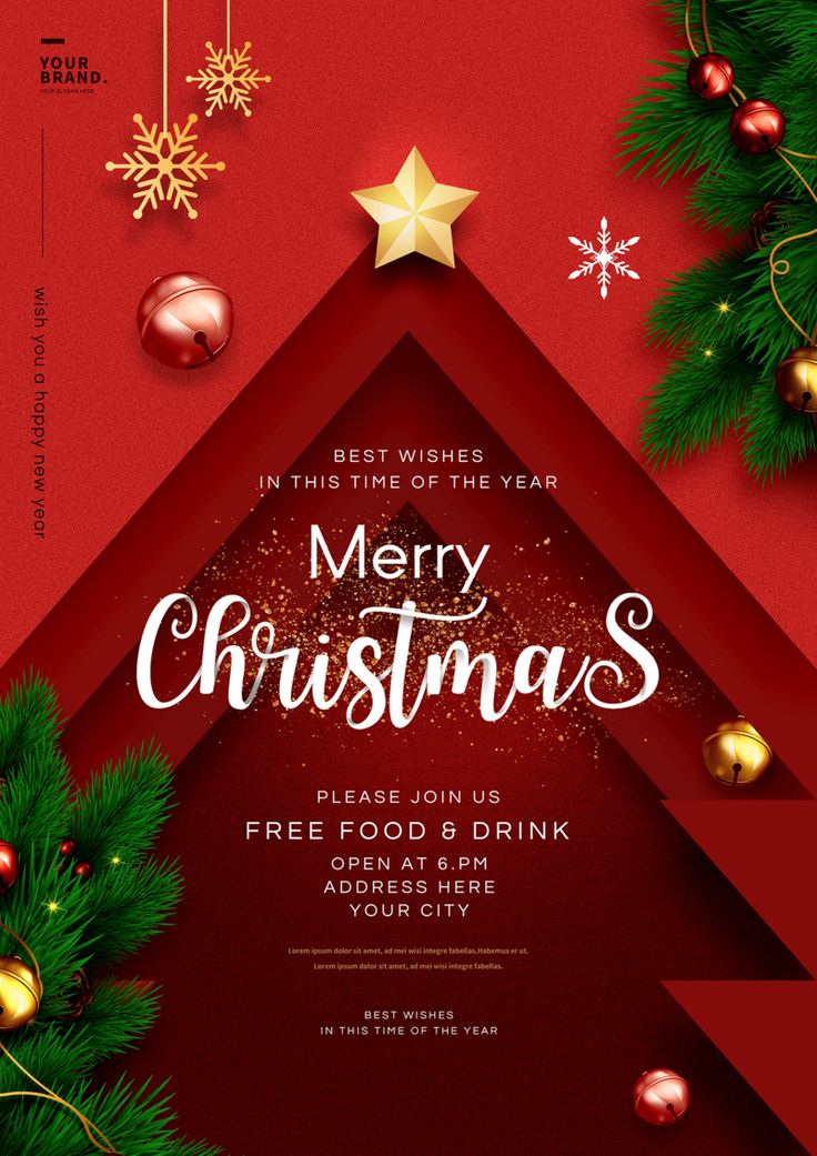 merry christmas party flyer with fir tree and ornaments on red background, eps file available