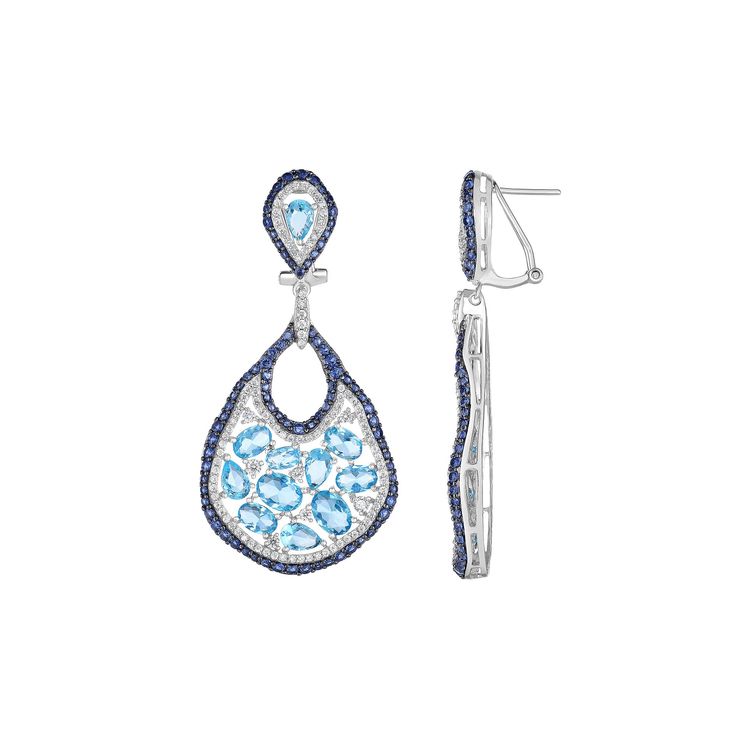 Designed with shimmering blue and white cubic zirconia stones, these sterling silver teardrop earrings offer eye-catching style. Click on this JEWELRY & WATCHES GUIDE to learn about fit, styles, materials and more!EARRING DETAILS Length: 2.24 in. Backings: omega Metal: sterling silver Plating: black & white rhodium Packaging: boxed CUBIC ZIRCONIA DETAILS Total weight: 14 3/4 ct. Shape: round, oval, pear Setting: prong Gemstones may have been treated to enhance their appearance. Special care may Blue Teardrop Diamond Earrings, Formal Teardrop Multi-stone Earrings, Formal Multi-stone Teardrop Earrings, Elegant Blue Diamond Earrings With Pave Setting, Sterling Silver Multi-stone Evening Jewelry, Sterling Silver Multi-stone Jewelry For Evening, Evening Multi-stone Sterling Silver Jewelry, Formal Multi-stone Drop Jewelry, Fine Jewelry Blue Topaz With Pave Setting