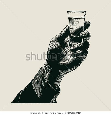 an old hand holding a shot glass in black and white ink on a beige background