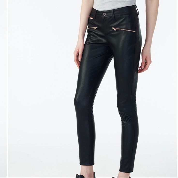 Armani Exchange Faux Leather Skinny Trouser Pants Leggings. Sleek And Sexy, These Skinny Trousers Are Perfect For A Night Out. Golden Metal Details On Front Zippers, Buttons. Side Zipper Closure. 100% Viscose With 100% Polyurethane Coating. Trendy Mid-rise Leather Pants For Night Out, Zip Fly Trousers For Night Out, Trendy Pants With Side Zipper For Night Out, Trendy Bottoms With Side Zipper For Night Out, Spring Night Out Pants With Zip Fly, Chic Leather Pants With Zip Fly For Fall, Edgy Party Bottoms With Side Zipper, Edgy Leather Pants With Zipper For Work, Edgy Leather Pants For Work With Zipper Closure