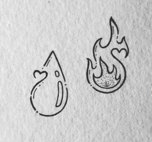 two drawings of fire and water on paper