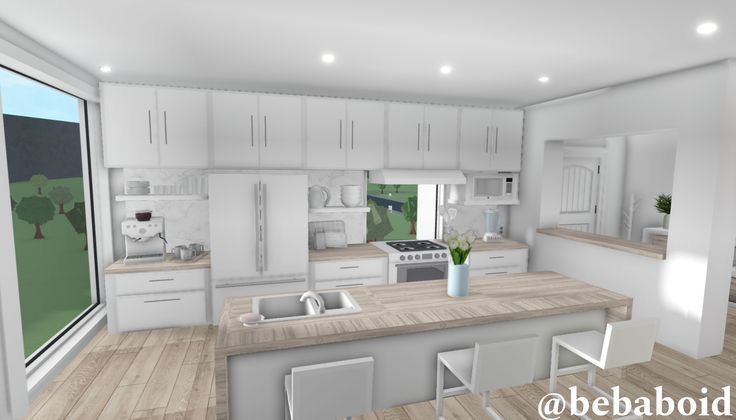 a kitchen with white cabinets and wood floors is shown in this 3d image, the counter tops are made out of plywood