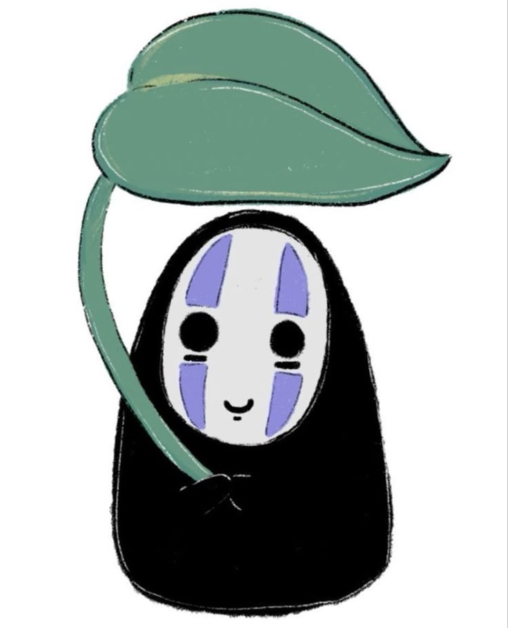 a drawing of a person with a green leaf on their head, wearing a black and white mask