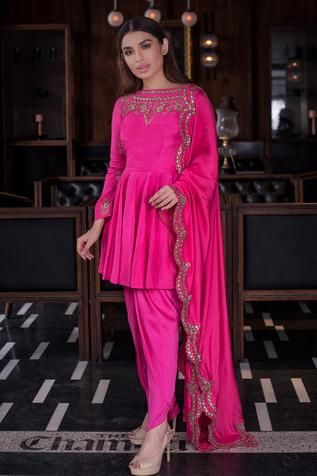 Shop for Vasavi Shah Pink Bamberg Silk Embroidered Anarkali Dhoti Set for Women Online at Aza Fashions Embroidered Anarkali, Short Kurta, Dhoti Pants, Scallop Hem, Kurta Set, Scalloped Hem, Embroidered Silk, Set For Women, Anarkali