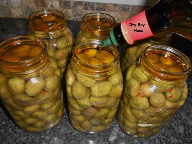 several jars filled with green olives sitting on top of a counter