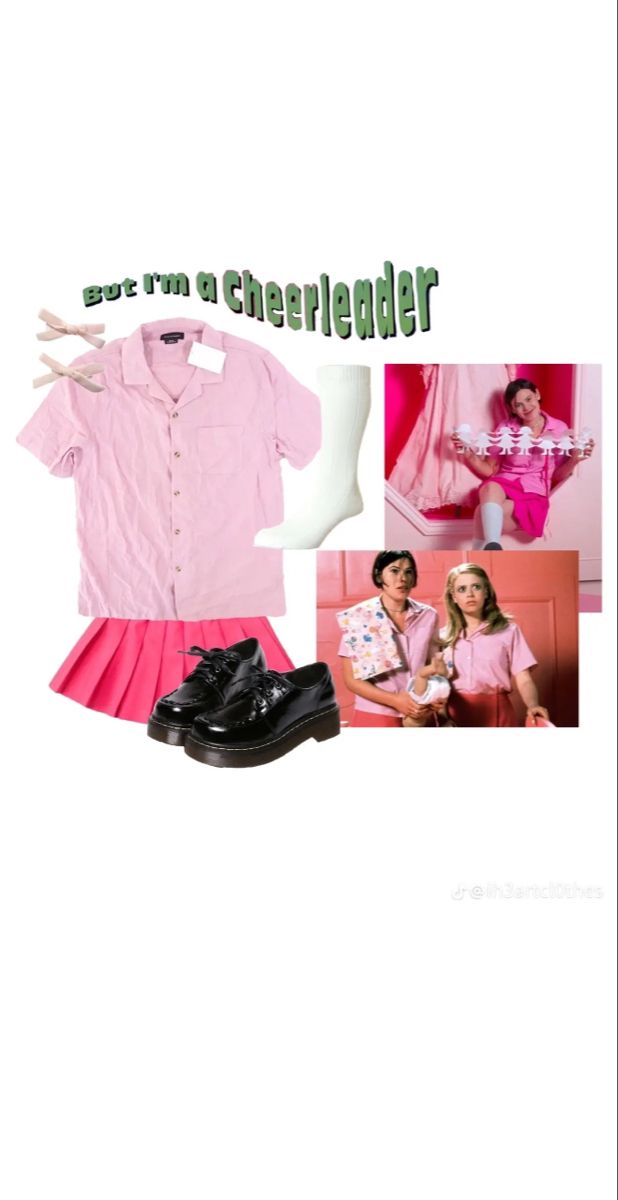 a pink shirt, skirt and shoes with the words get in a cheerleader on it