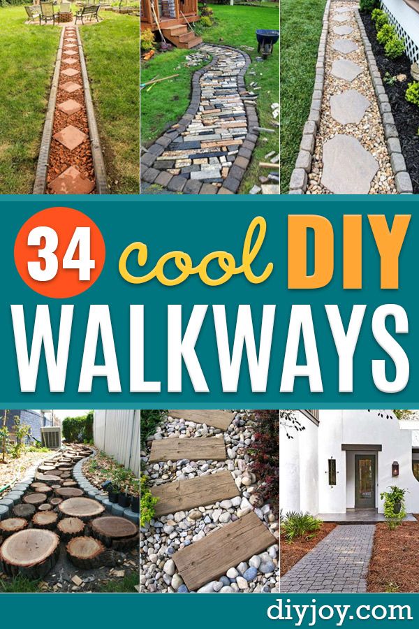 the cover of 34 cool diy walkways with pictures of different types and sizes