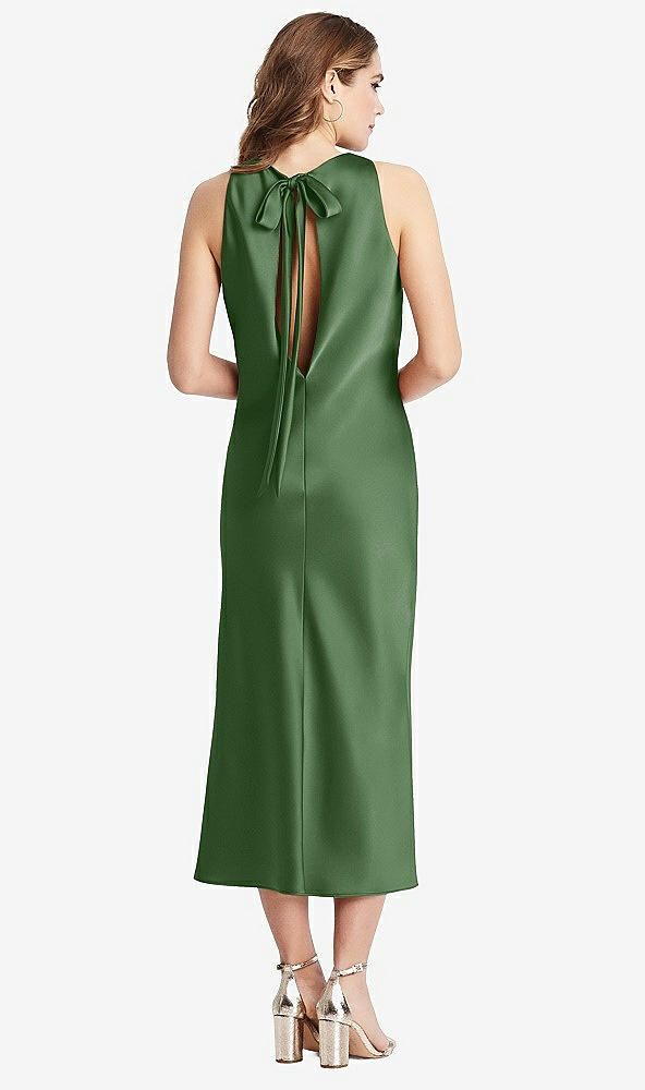 Midi Length Tie Back Bridesmaid Dress, Chic Satin Wedding Dress With Tie Back, Satin Backless Midi Dress For Prom, Chic Satin Tie-back Dress For Wedding, Satin Midi Dress With Tie Back, Chic Tie-back Satin Dress For Wedding, Bridesmaid Satin Midi Dress With Tie Back, Chic Backless Midi Dress For Wedding Guest, Spring Formal Backless Bias Cut Dress