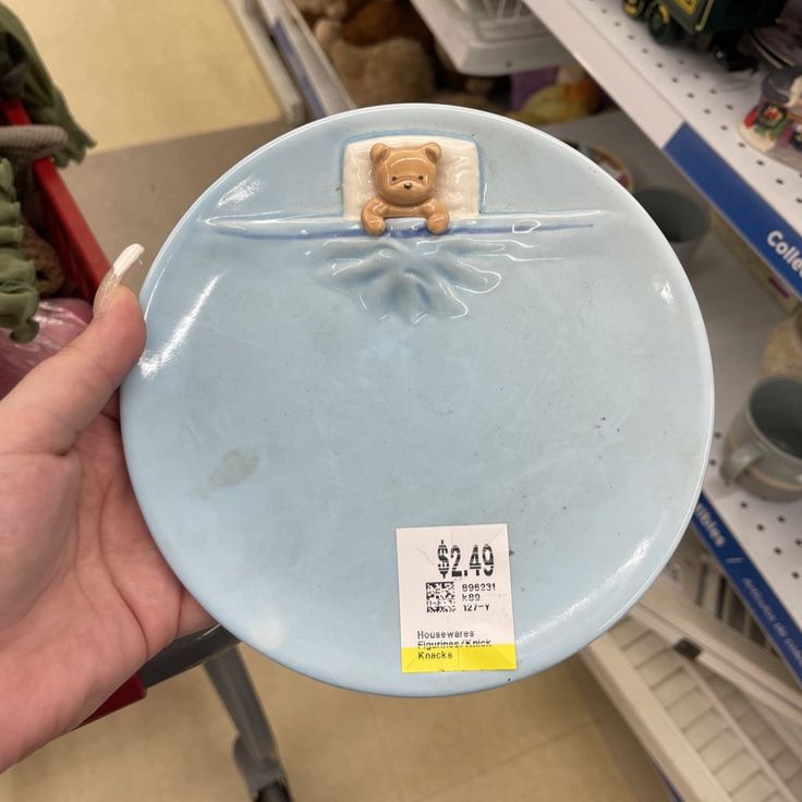 a hand holding a blue plate with a teddy bear on it