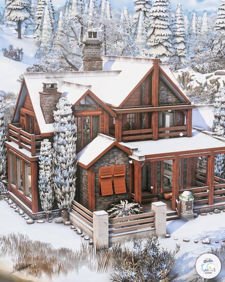 this is a painting of a house in the snow with trees and bushes around it