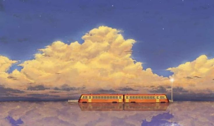 a painting of two train cars sitting on top of a body of water under a cloudy sky